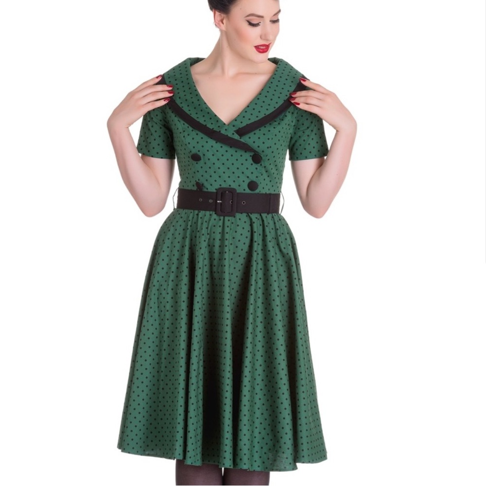 Hell Bunny Mimi Pinup Girl Retro Green Polka Dot Dress 2XL